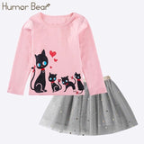 Humor Bear Autumn Kids Baby Girl Clothes Long Sleeve T-shirt+Grid Skirt +bowknot Casual 3PCS suits Student Girls' Clothing Sets