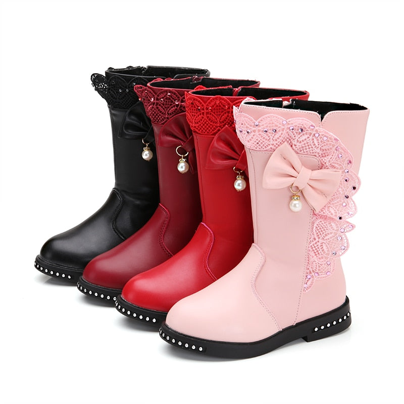 Autumn Kids single boots children's snow boots winter warm girls boots Leather fashion princess boots plus velvet lace bow shoes