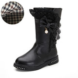 Autumn Kids single boots children's snow boots winter warm girls boots Leather fashion princess boots plus velvet lace bow shoes