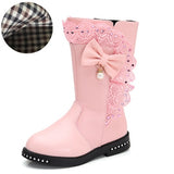 Autumn Kids single boots children's snow boots winter warm girls boots Leather fashion princess boots plus velvet lace bow shoes