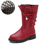 Autumn Kids single boots children's snow boots winter warm girls boots Leather fashion princess boots plus velvet lace bow shoes