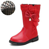 Autumn Kids single boots children's snow boots winter warm girls boots Leather fashion princess boots plus velvet lace bow shoes