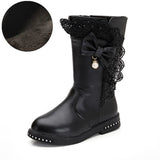 Autumn Kids single boots children's snow boots winter warm girls boots Leather fashion princess boots plus velvet lace bow shoes
