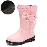 Autumn Kids single boots children's snow boots winter warm girls boots Leather fashion princess boots plus velvet lace bow shoes