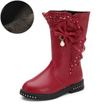 Autumn Kids single boots children's snow boots winter warm girls boots Leather fashion princess boots plus velvet lace bow shoes