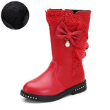 Autumn Kids single boots children's snow boots winter warm girls boots Leather fashion princess boots plus velvet lace bow shoes