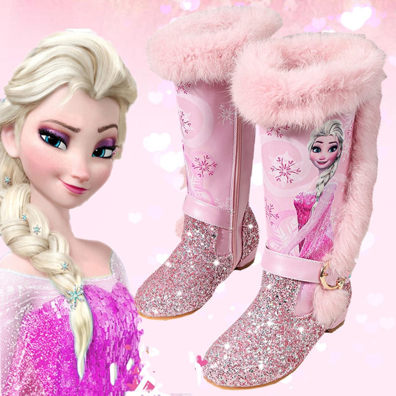 Kids Princess shoes Children Cartoon Boots PU leather Sequin Winter Boots New girls Genuine Wool Warming Over Knee boots