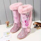 Kids Princess shoes Children Cartoon Boots PU leather Sequin Winter Boots New girls Genuine Wool Warming Over Knee boots