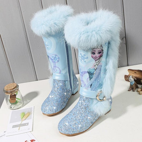 Kids Princess shoes Children Cartoon Boots PU leather Sequin Winter Boots New girls Genuine Wool Warming Over Knee boots