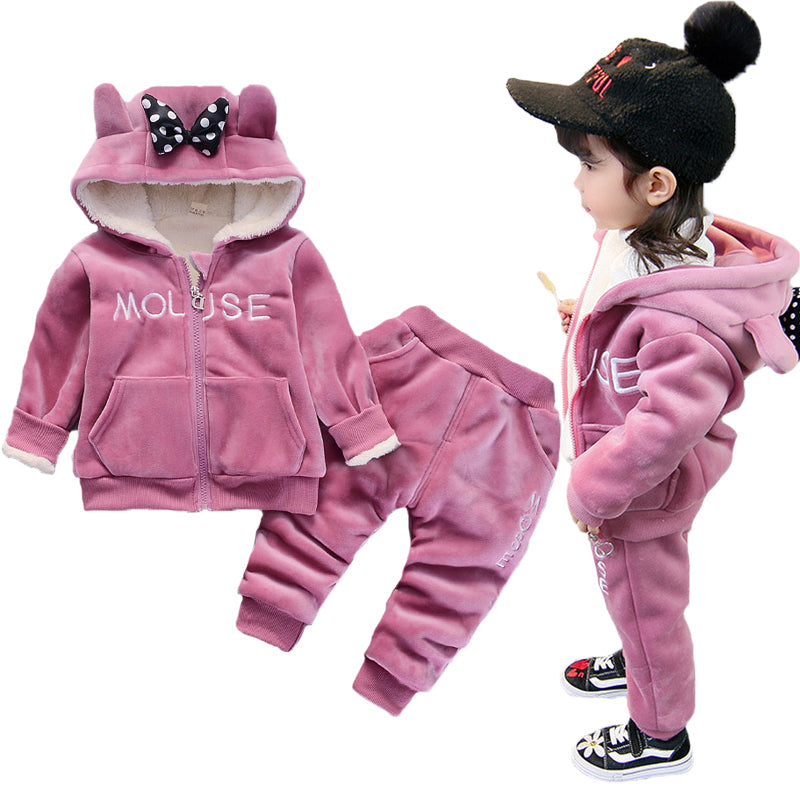 Warm Baby Girls Clothing Set Winter Thick Plush Cotton Clothing Sets For Baby Girls Hoodies And Pants Kids Suit Children Clothes
