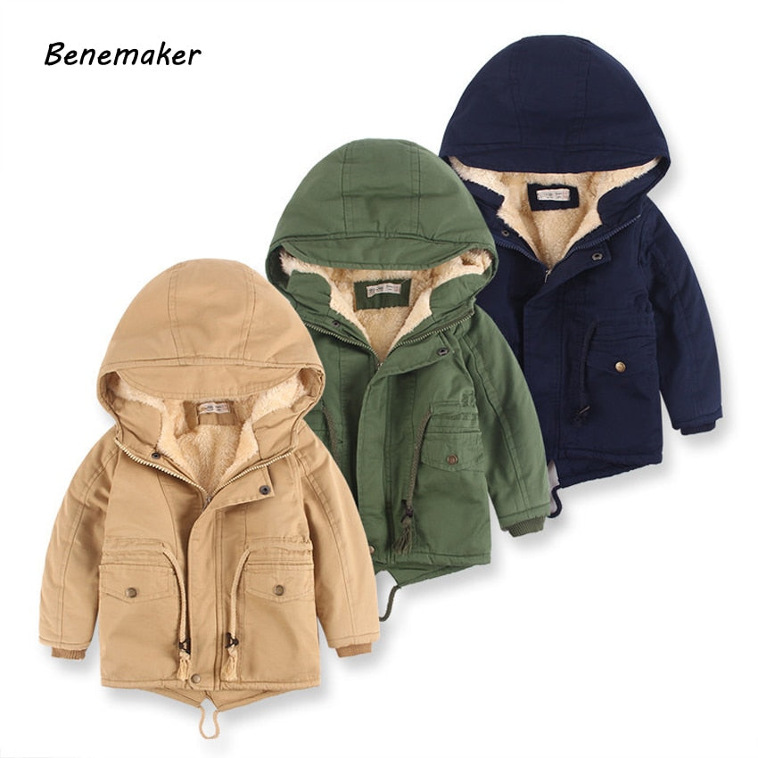 Benemaker Children Winter Outdoor Fleece Jackets For Boys Clothing Hooded Warm Outerwear Windbreaker Baby Kids Thin Coats YJ023