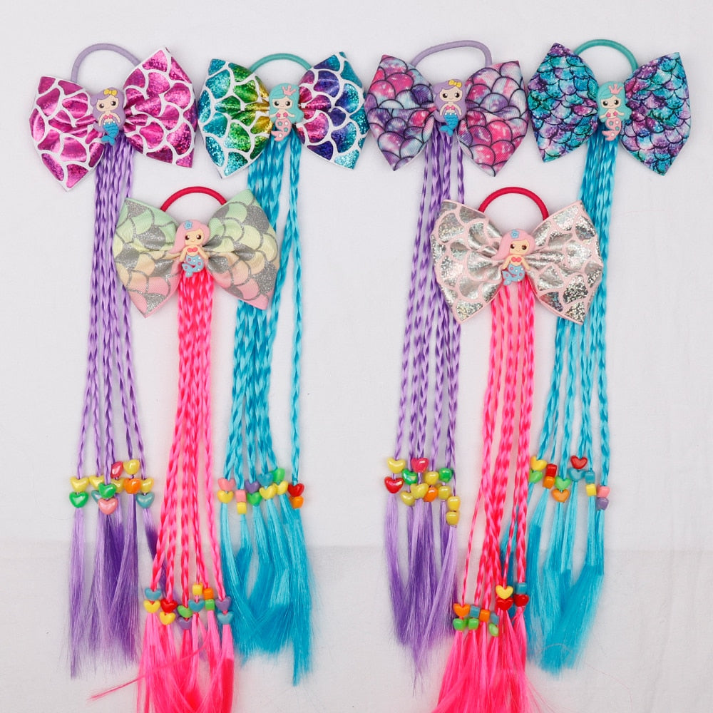 Xugar Hair Accessories Hair Bows Hair Bands for Girls Mermaid Bowknot Scrunchie for Hair Tie Kids Long Braid Pigtails Headband